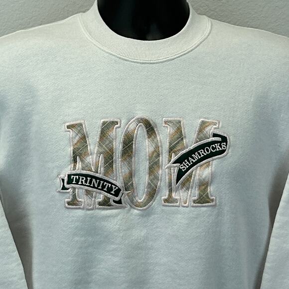 Vintage 90s Trinity Shamrocks Mom Sweatshirt High School USA White Womens Medium - Picture 1 of 8